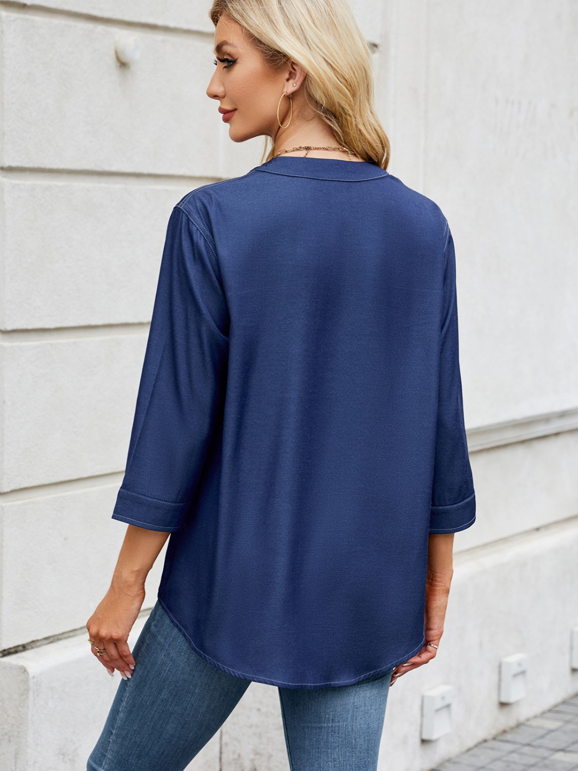 Notched Three-Quarter Sleeve Denim Top - Charming Charlie