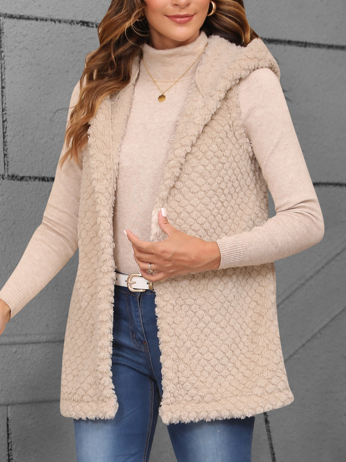Texture Solid Color Hooded Vest Coat - Charming Charlie