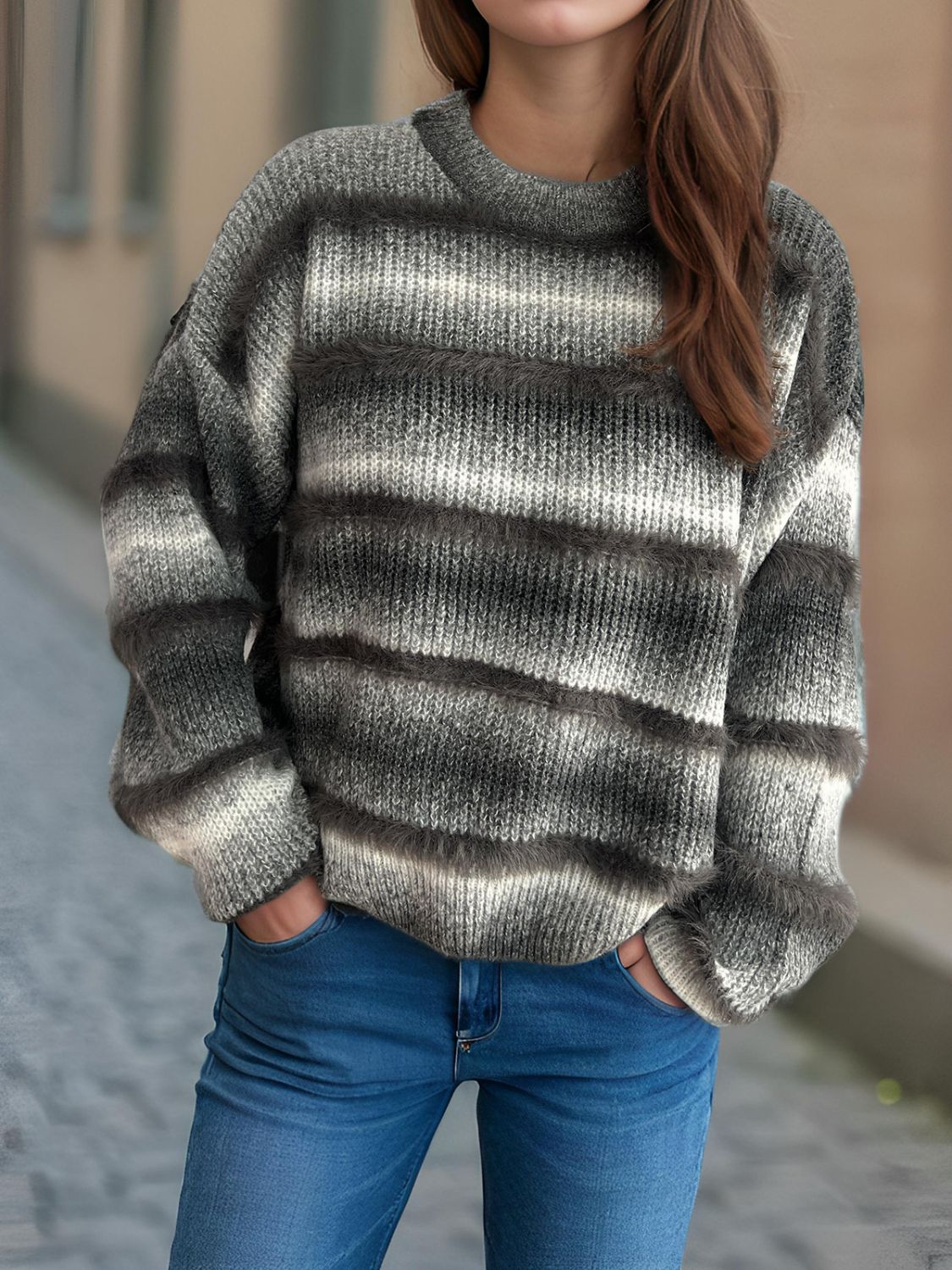 Gradient Round Neck Dropped Shoulder Sweater - Charming Charlie