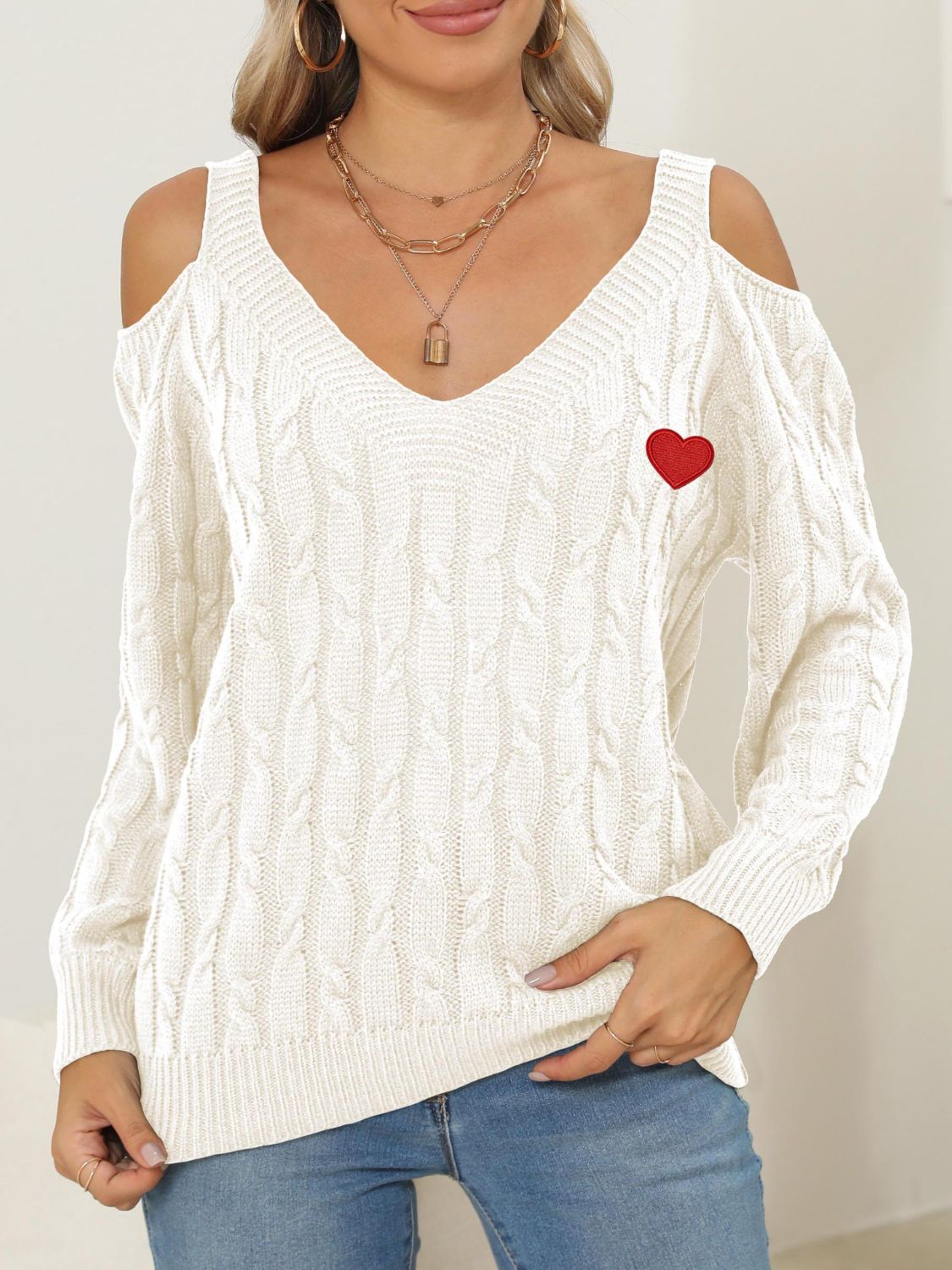 Cable-Knit Heart V-Neck Sweater - Charming Charlie