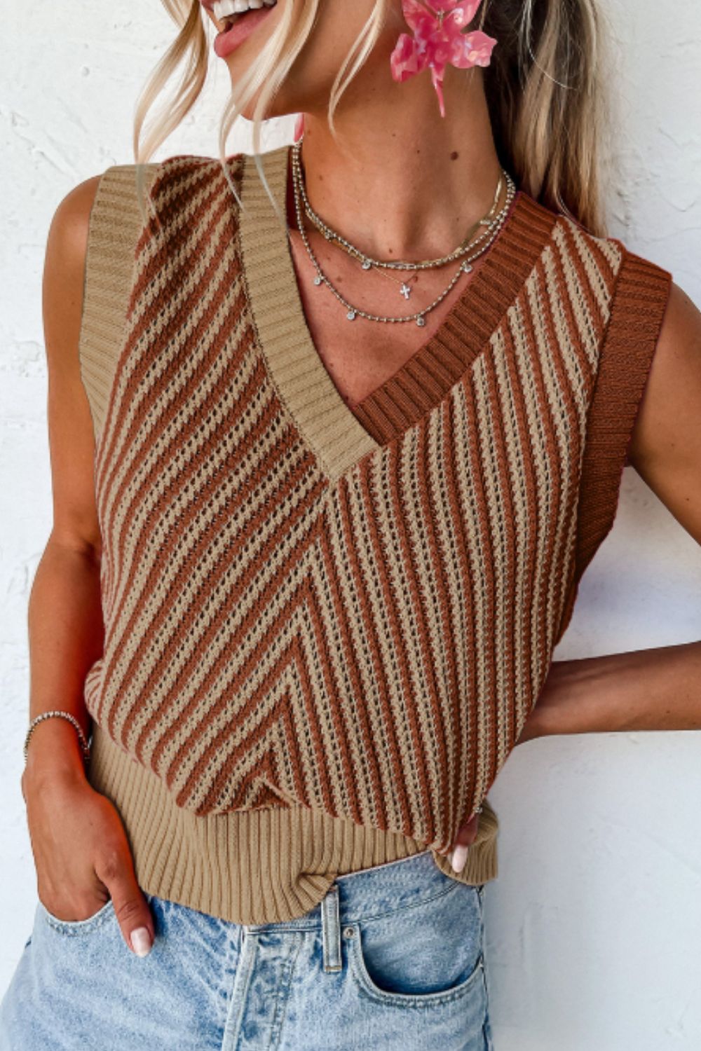 Striped Contrast V-Neck Sweater Vest - Charming Charlie