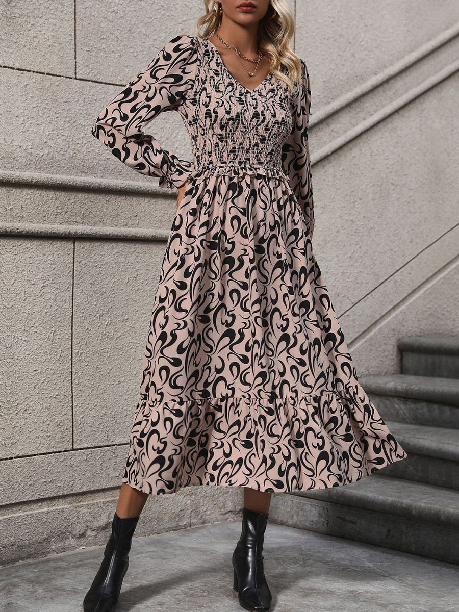 Printed V-Neck Long Sleeve Midi Dress Khaki / XL