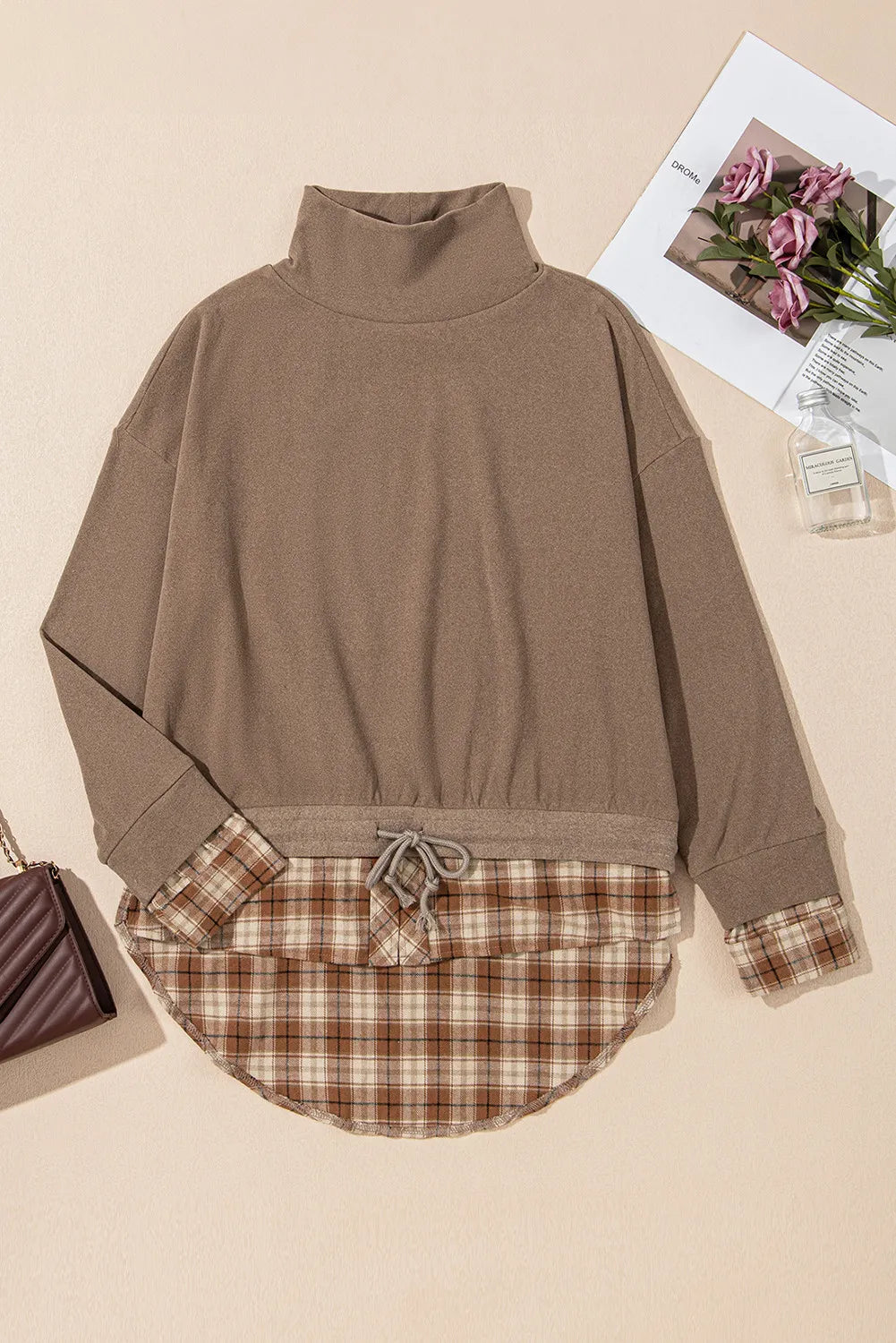Drawstring Plaid Turtleneck Long Sleeve Top - Charming Charlie