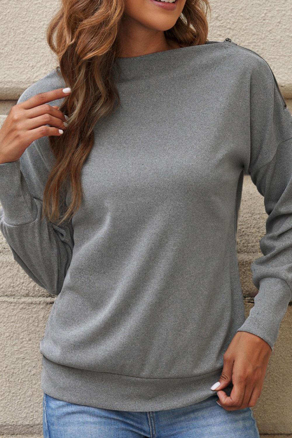Single Shoulder Long Sleeve Sweatshirt with Zip - Charming Charlie