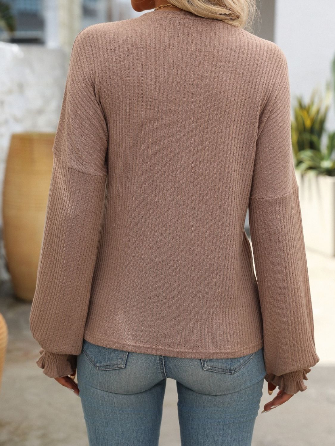 Ribbed Round Neck Long Sleeve T-Shirt - Charming Charlie