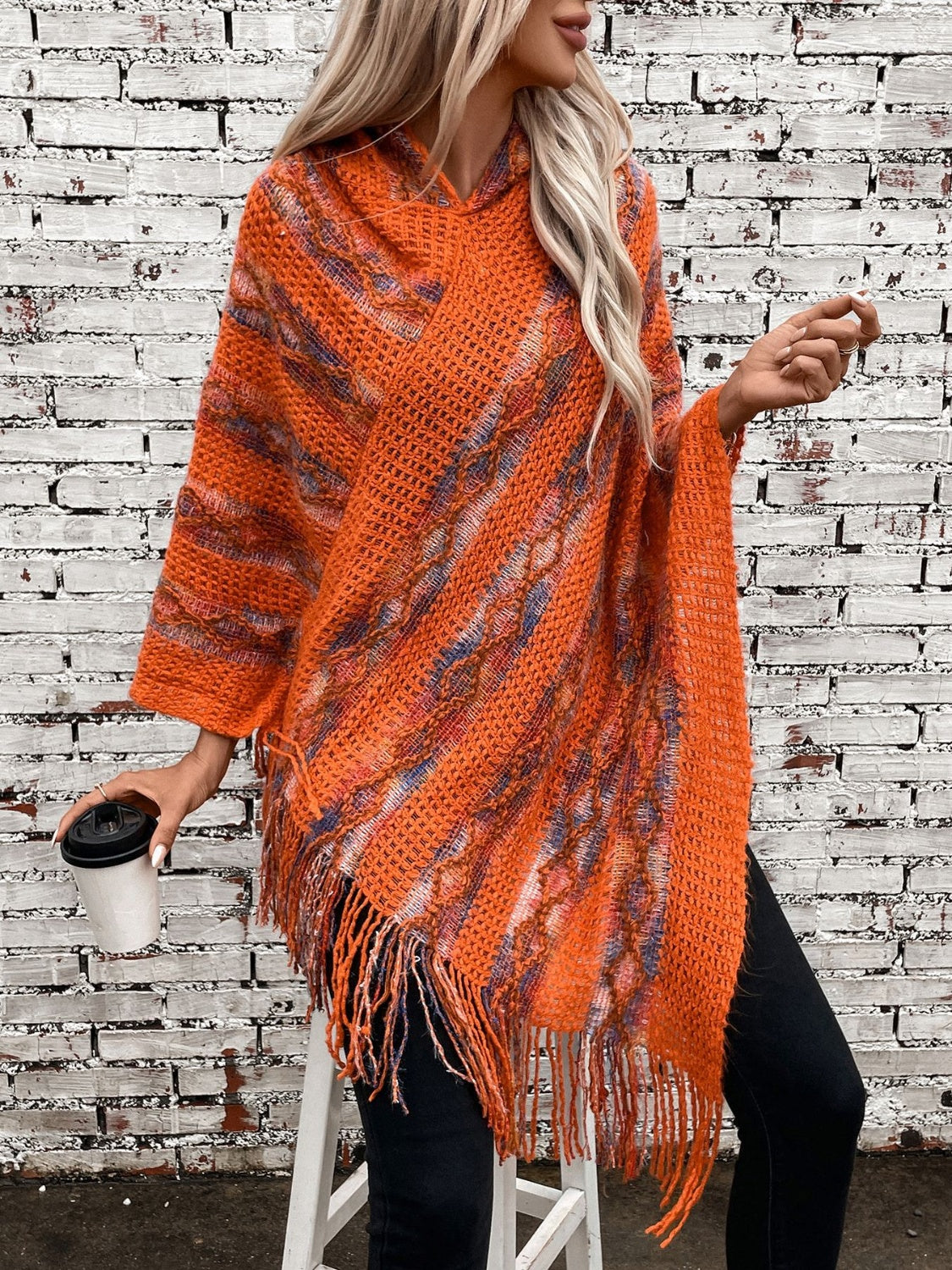 Fringe Contrast Hooded Poncho - Charming Charlie