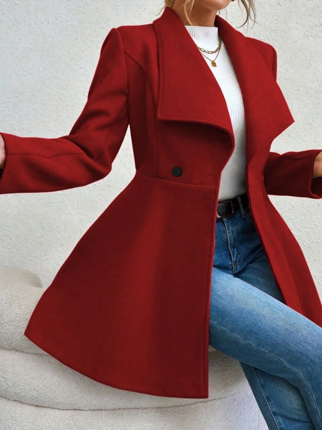 Collared Neck Button Up Long Sleeve Coat - Charming Charlie