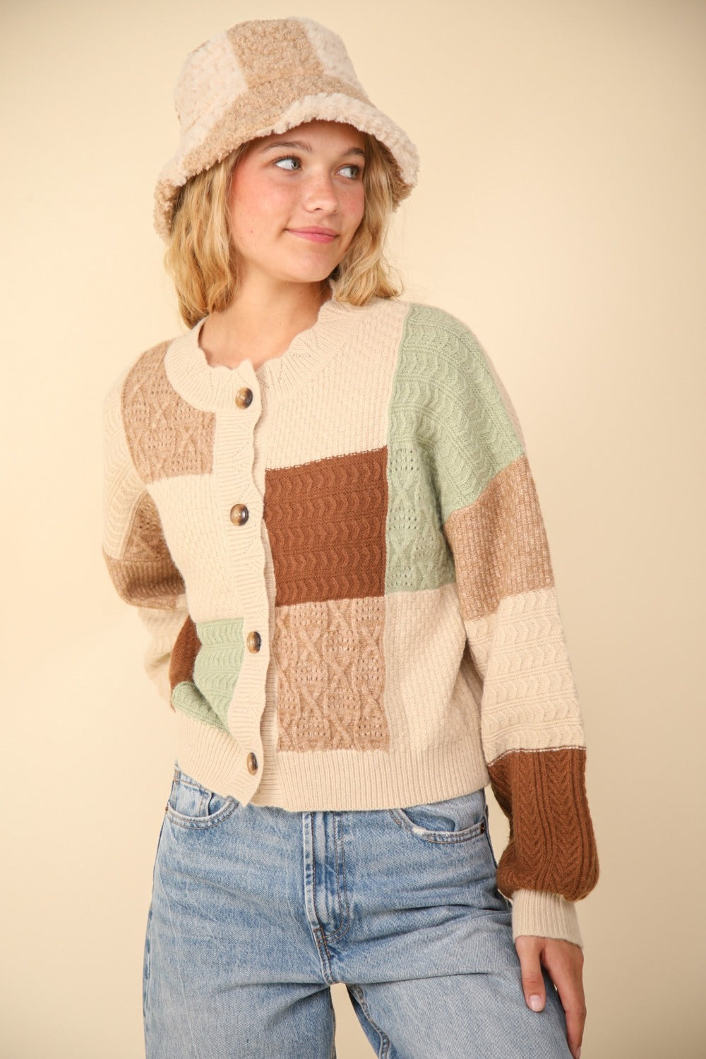 VERY J Color Block Button Down Textured Sweater Cardigan - Charming Charlie