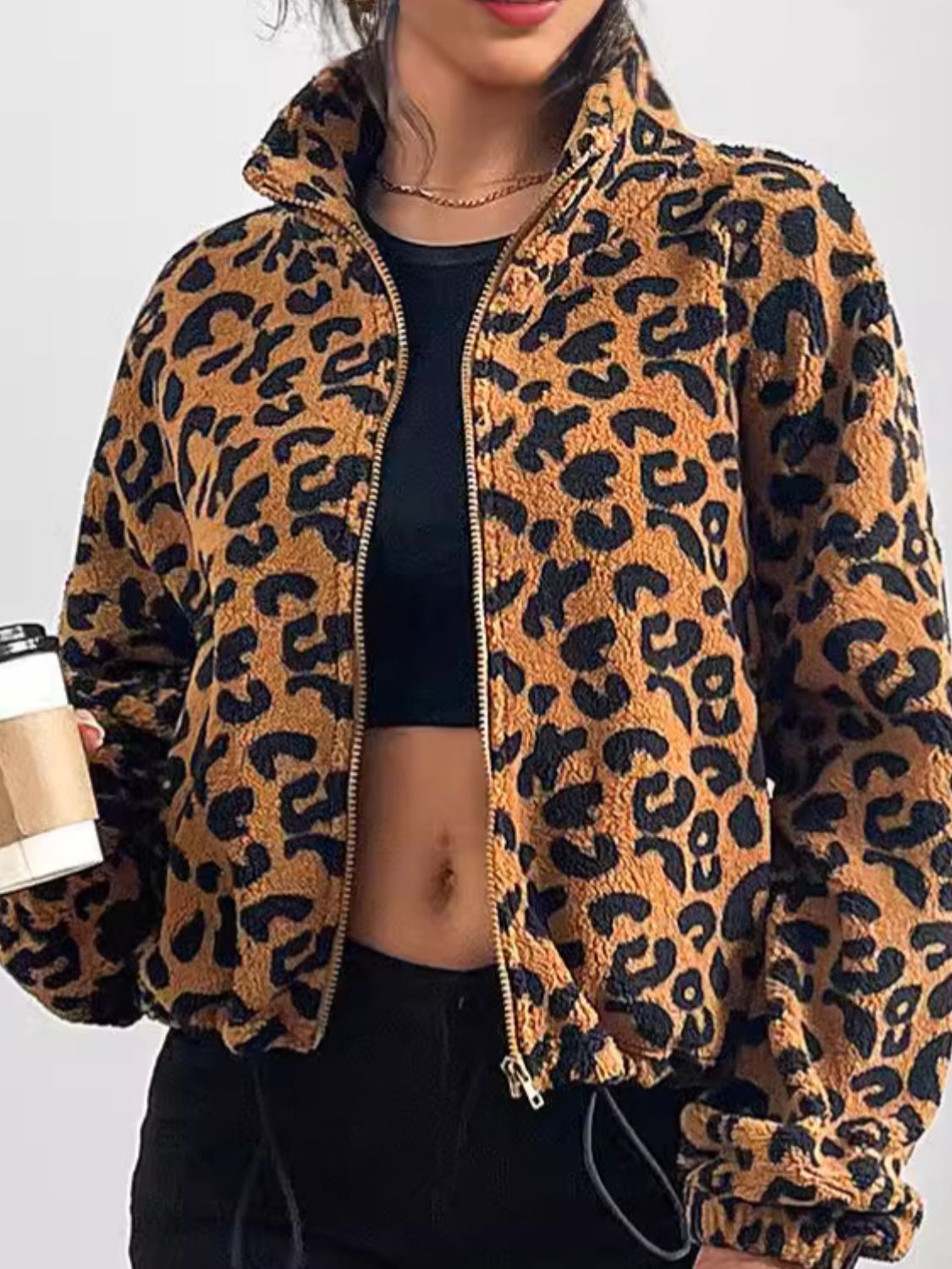 Leopard Zip Up Long Sleeve Jacket - Charming Charlie