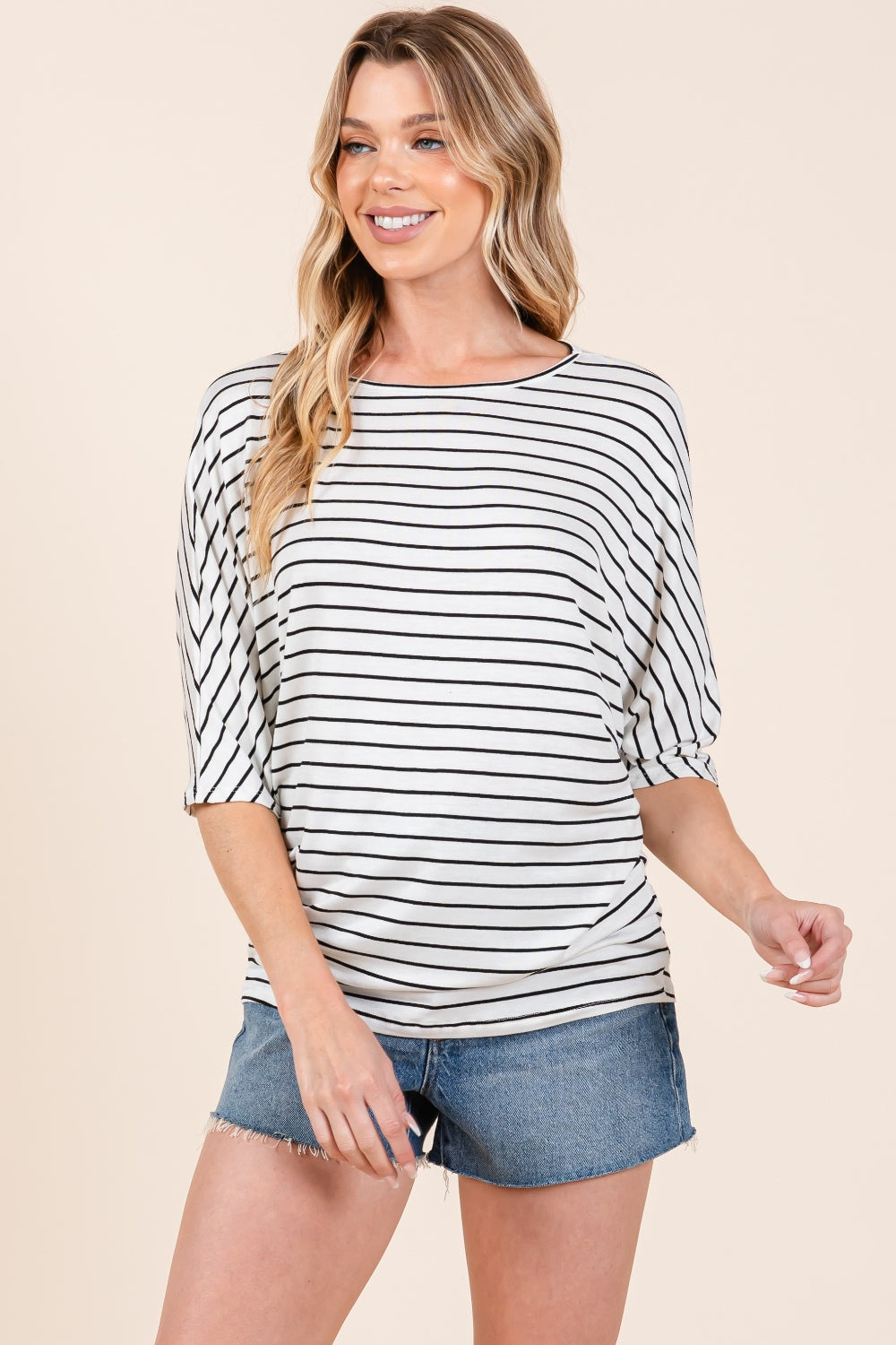 BOMBOM Striped Boat Neck Dolman Sleeve Top - Charming Charlie