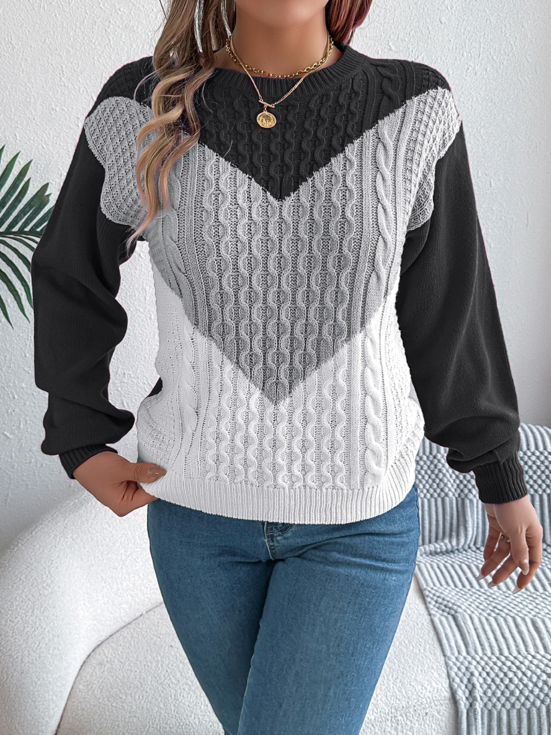 Contrast Round Neck Long Sleeve Sweater - Charming Charlie