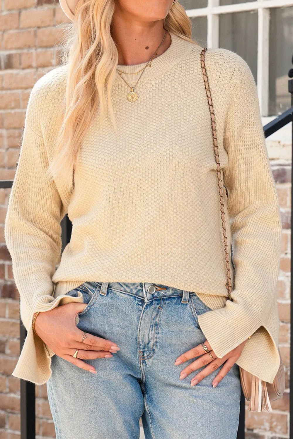 Textured Round Neck Long Sleeve Sweater - Charming Charlie