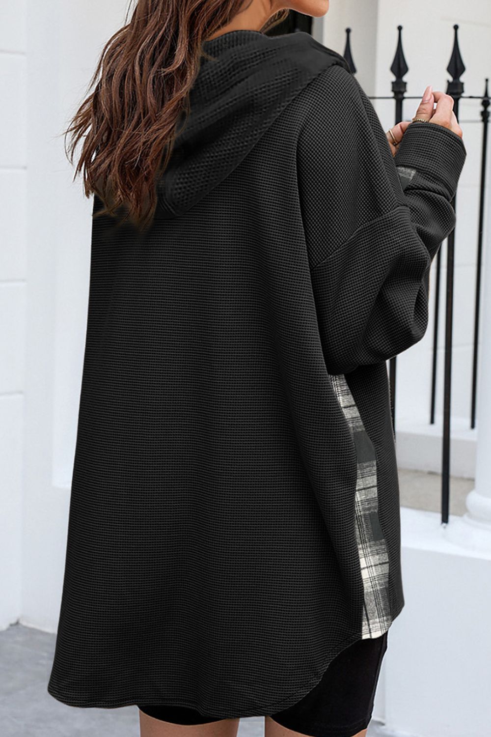 Waffle Knit Plaid Patchwork Drawstring Hooded Shacket - Charming Charlie
