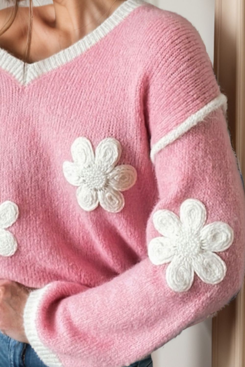 Flower V-Neck Dropped Shoulder Sweater - Charming Charlie