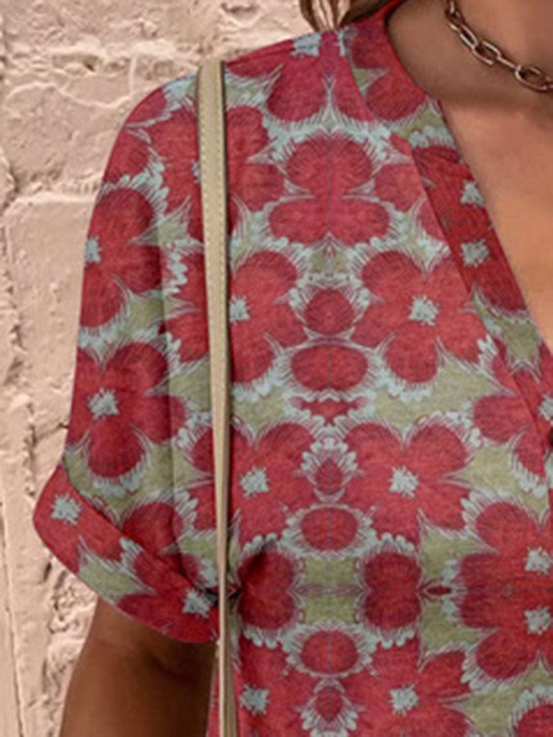 Full Size Printed Notched Short Sleeve Blouse - Charming Charlie