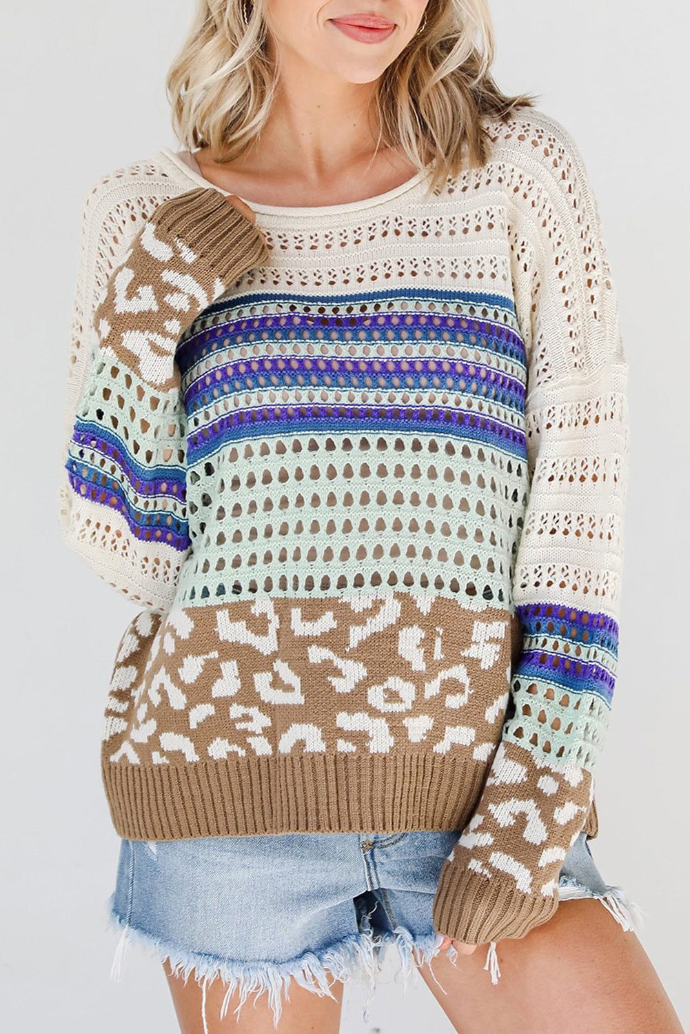 Leopard Striped Round Neck Crochet Knit Top - Charming Charlie