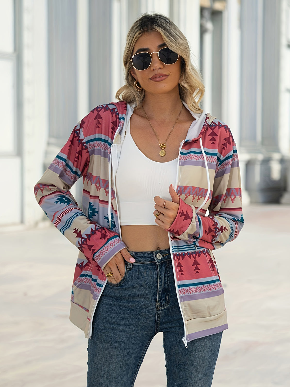 Geometric Zip Up Long Sleeve Hooded Jacket - Charming Charlie