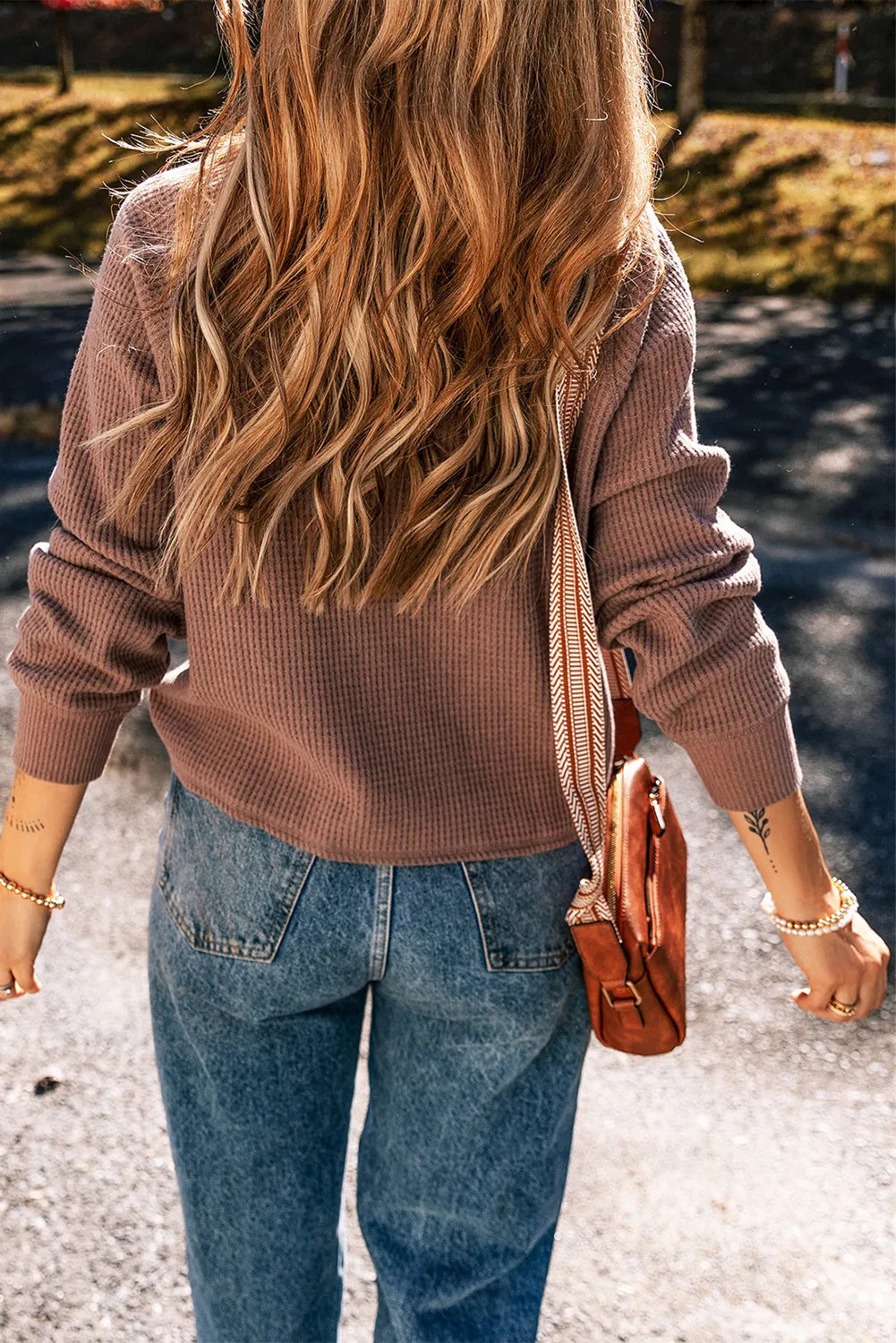 Waffle-Knit Round Neck Long Sleeve Blouse - Charming Charlie