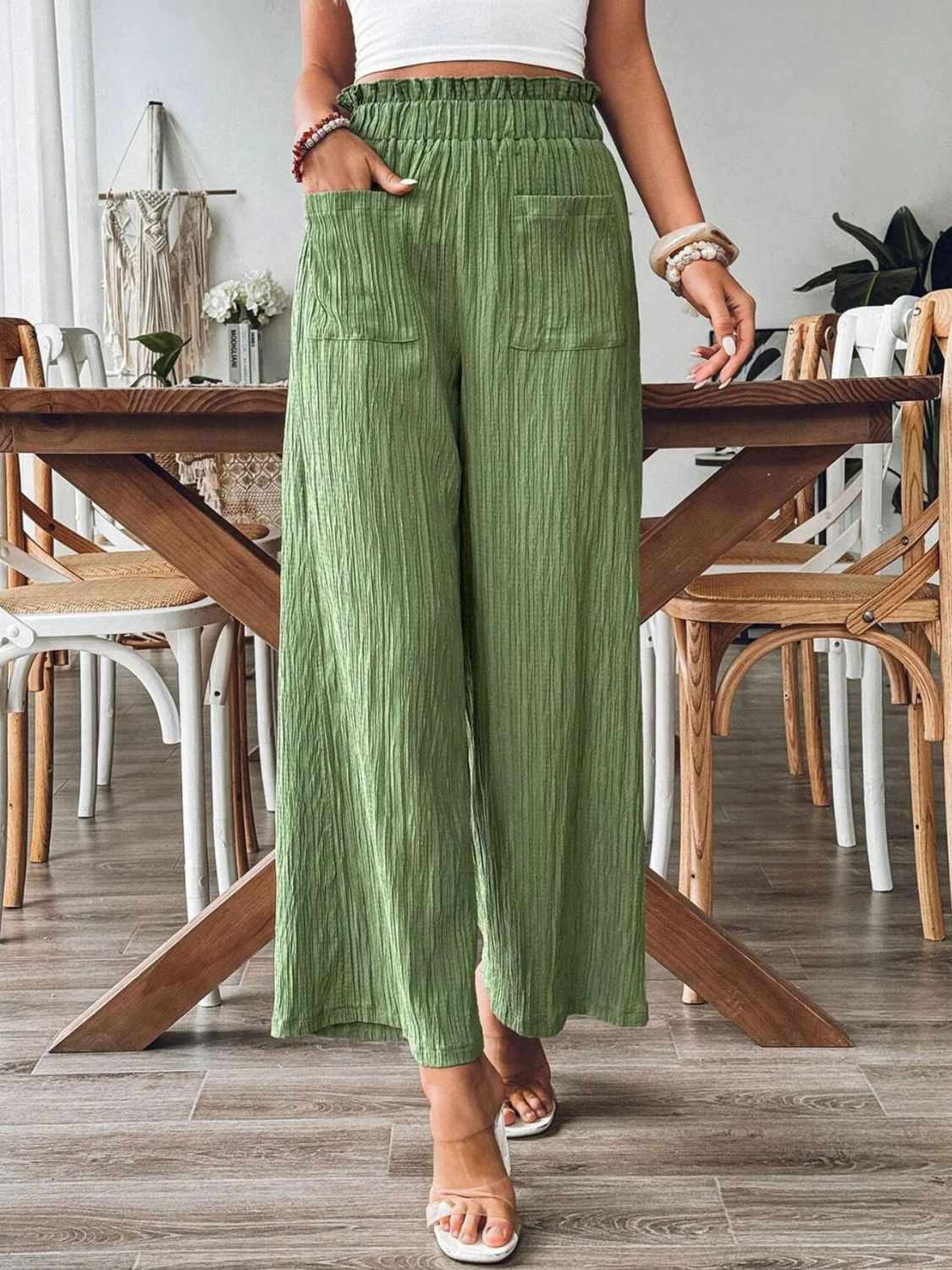 Pocketed Elastic Waist Wide Leg Pants - Charming Charlie