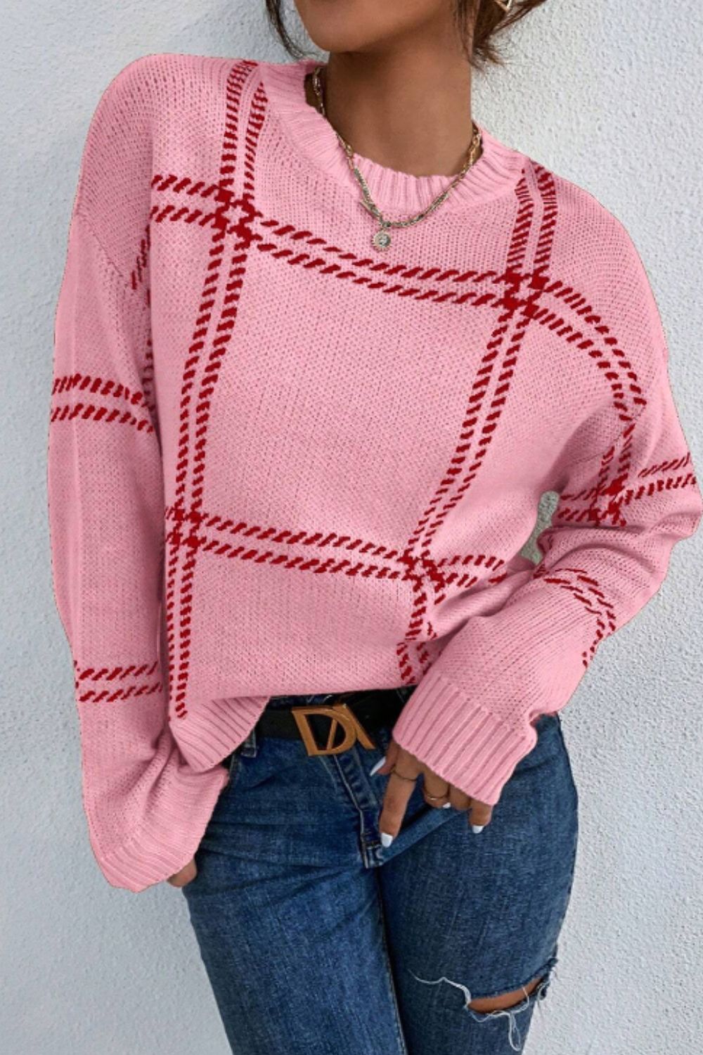 Contrast Round Neck Long Sleeve Sweater - Charming Charlie