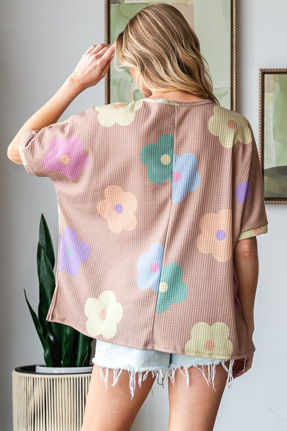 HOPELY Full Size Floral Round Neck Side Slit Waffle T-Shirt - Charming Charlie