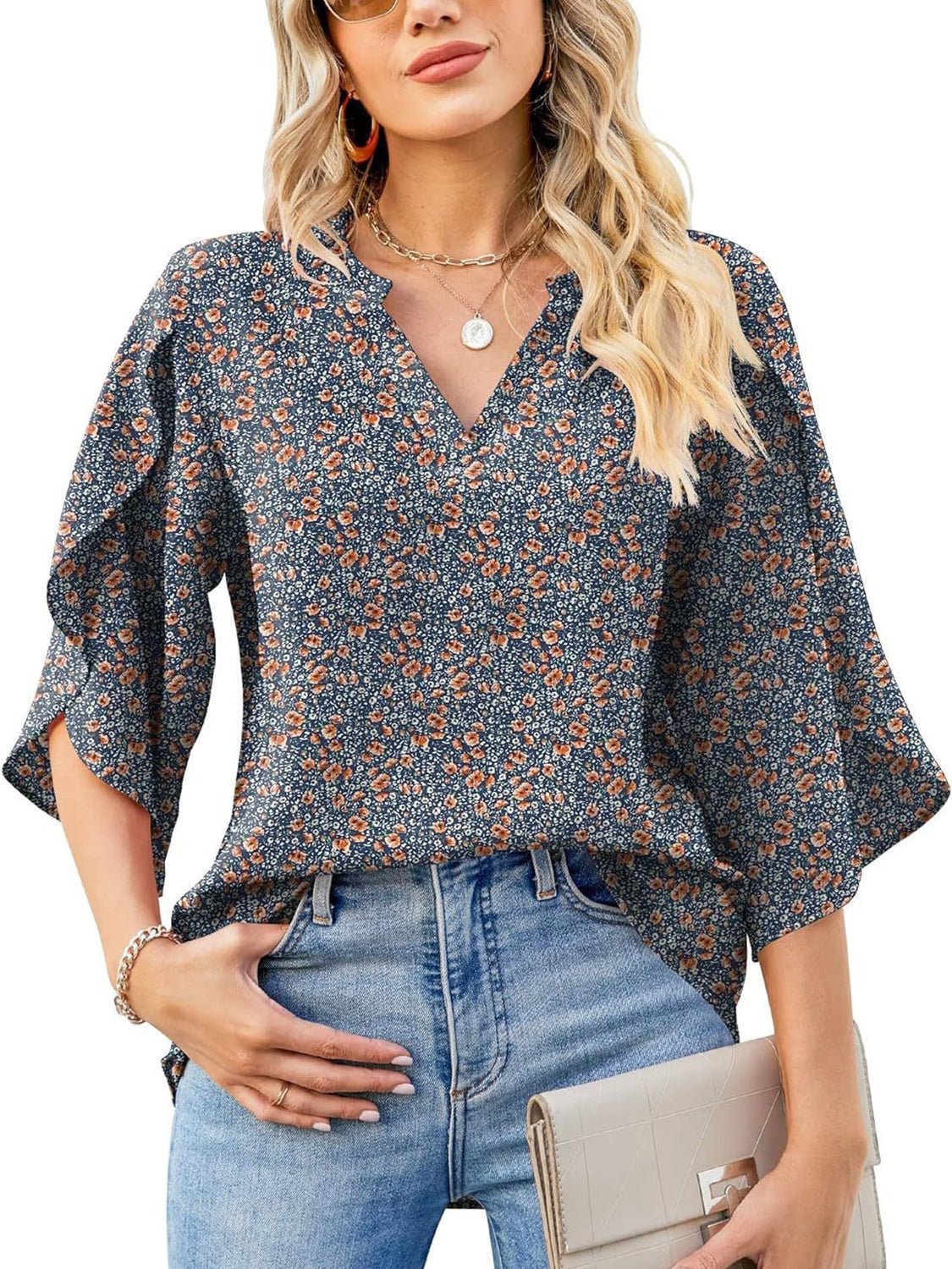 Printed Notched Half Sleeve Blouse - Charming Charlie