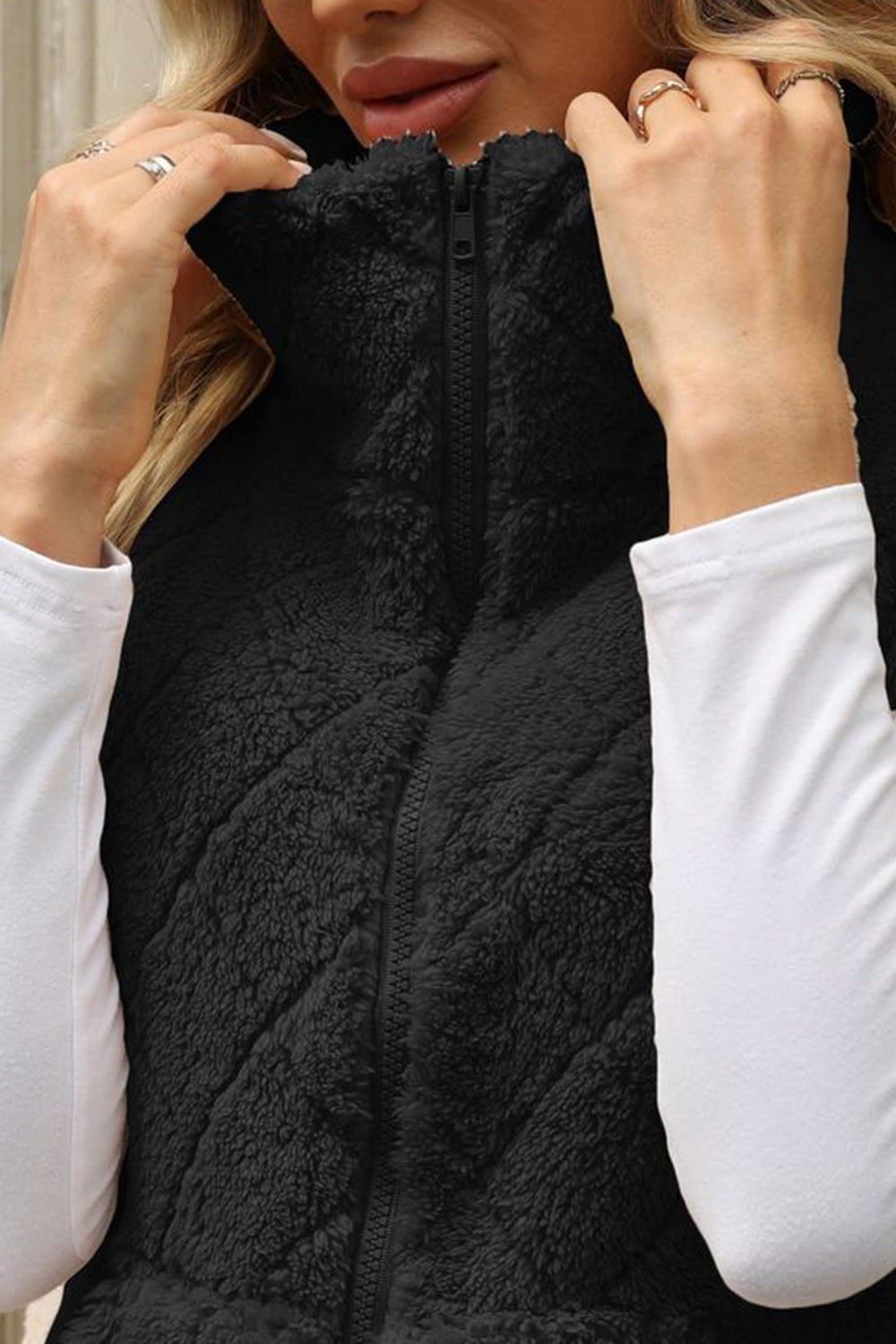 Fuzzy Plaid Texture Zip Up Vest Coat - Charming Charlie