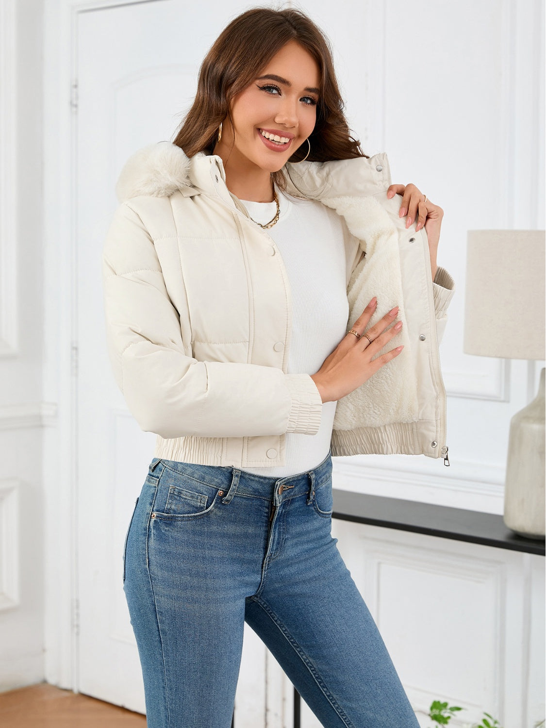 Pocketed Long Sleeve Cropped Hooded Winter Coat - Charming Charlie