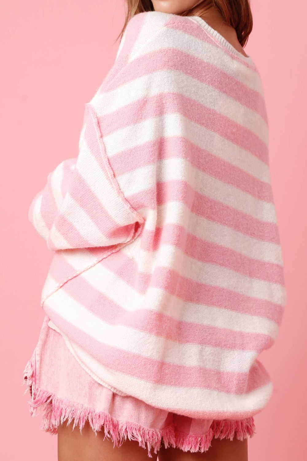 Exposed Seam Striped Round Neck Long Sleeve Sweater - Charming Charlie