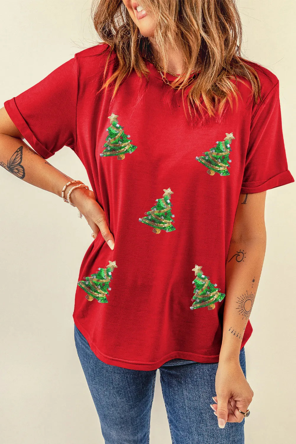 Sequin Christmas Tree Round Neck Short Sleeve T-Shirt - Charming Charlie