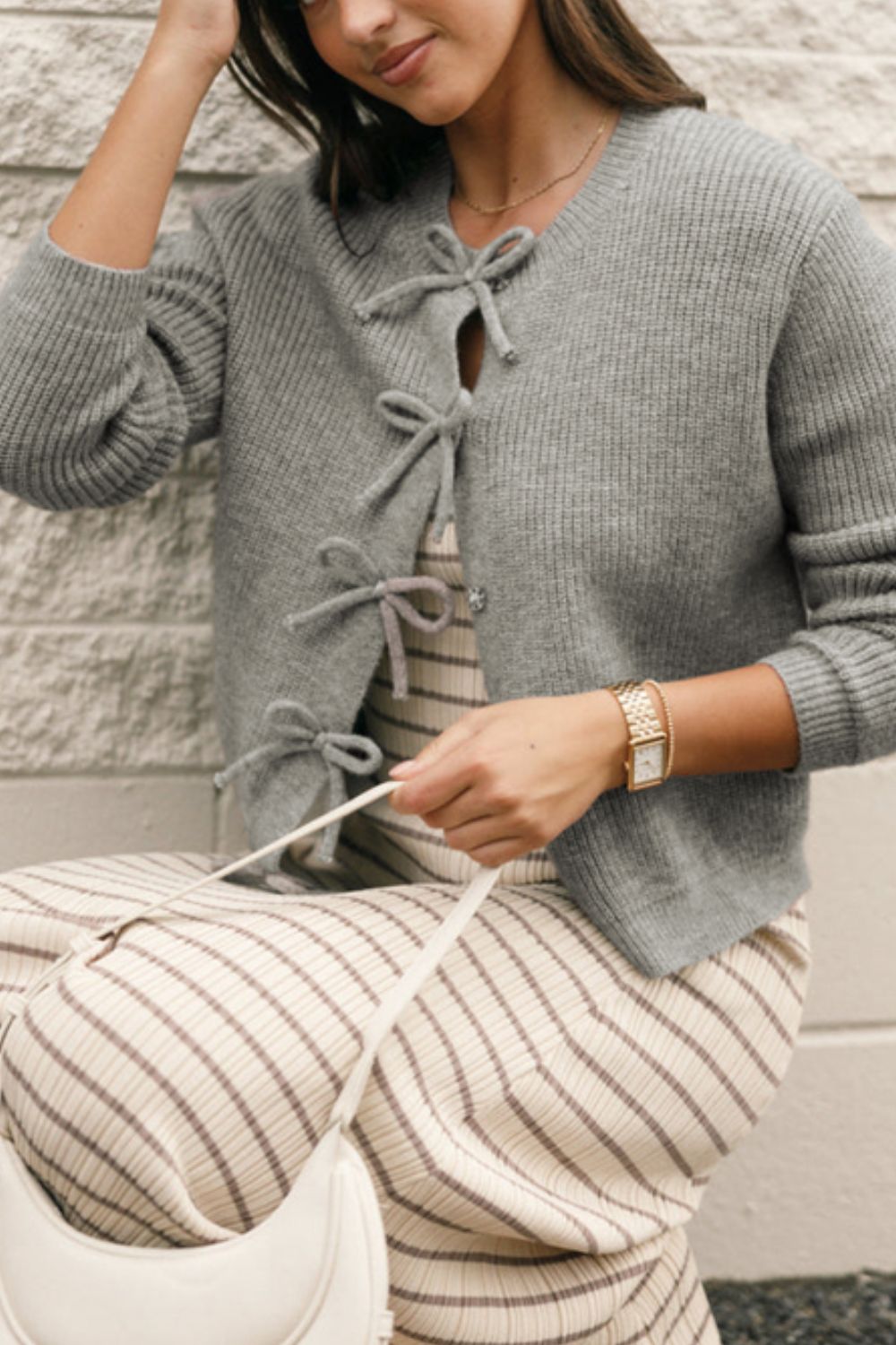 Bow Round Neck Long Sleeve Cardigan - Charming Charlie