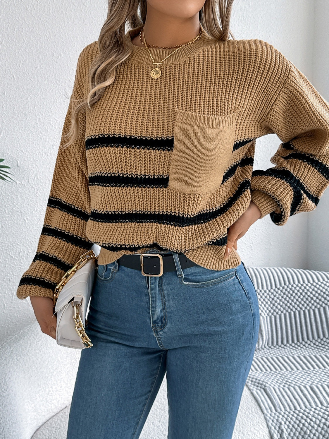 Striped Round Neck Long Sleeve Sweater - Charming Charlie