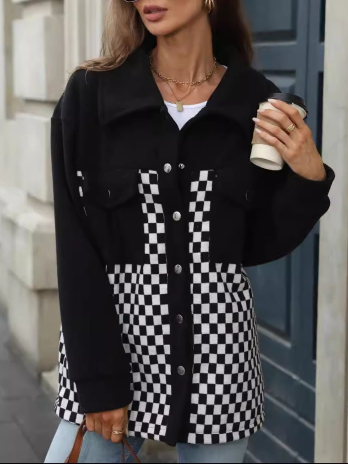 Checkered Snap Down Long Sleeve Jacket - Charming Charlie