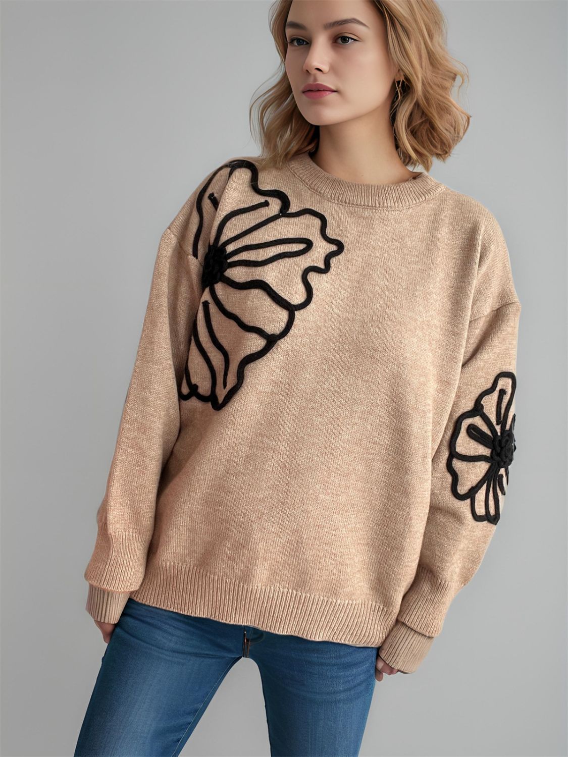 Flower Round Neck Long Sleeve Sweater - Charming Charlie