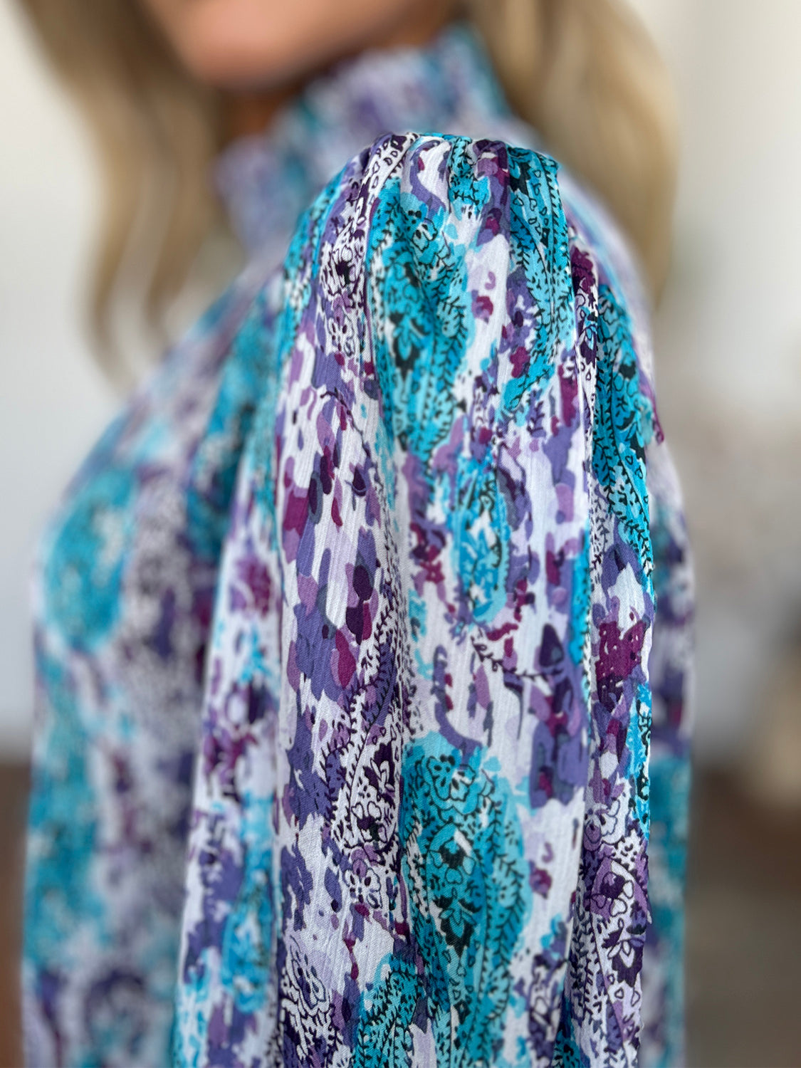 Double Take Full Size Printed Smocked Long Sleeve Blouse - Charming Charlie