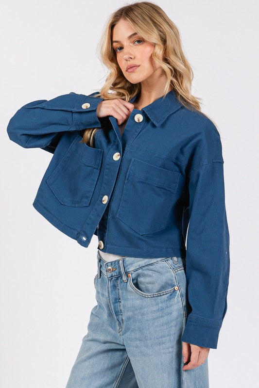 bytos Button Down Cropped Denim Jacket with Patch Pockets - Charming Charlie