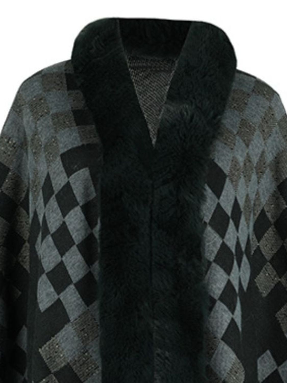 Fuzzy Checkered Long Sleeve Poncho - Charming Charlie