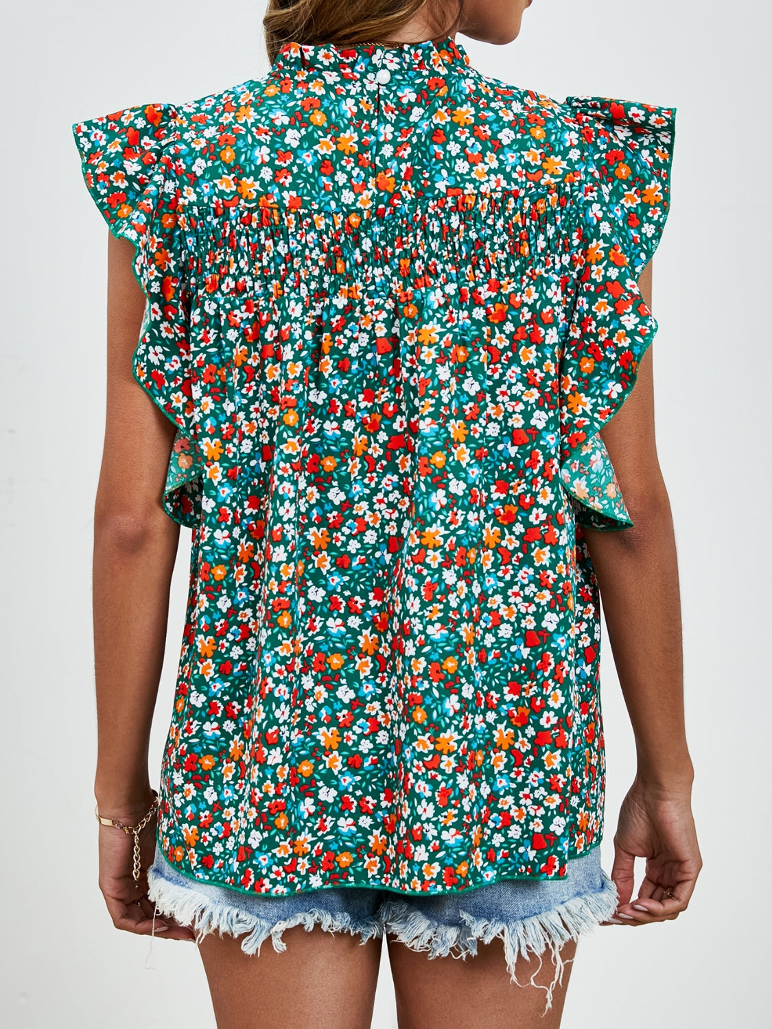 Ruffled Ditsy Floral Mock Neck Cap Sleeve Blouse - Charming Charlie
