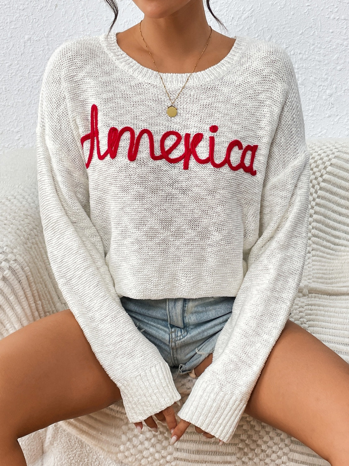 Letter Round Neck Long Sleeve Sweater - Charming Charlie