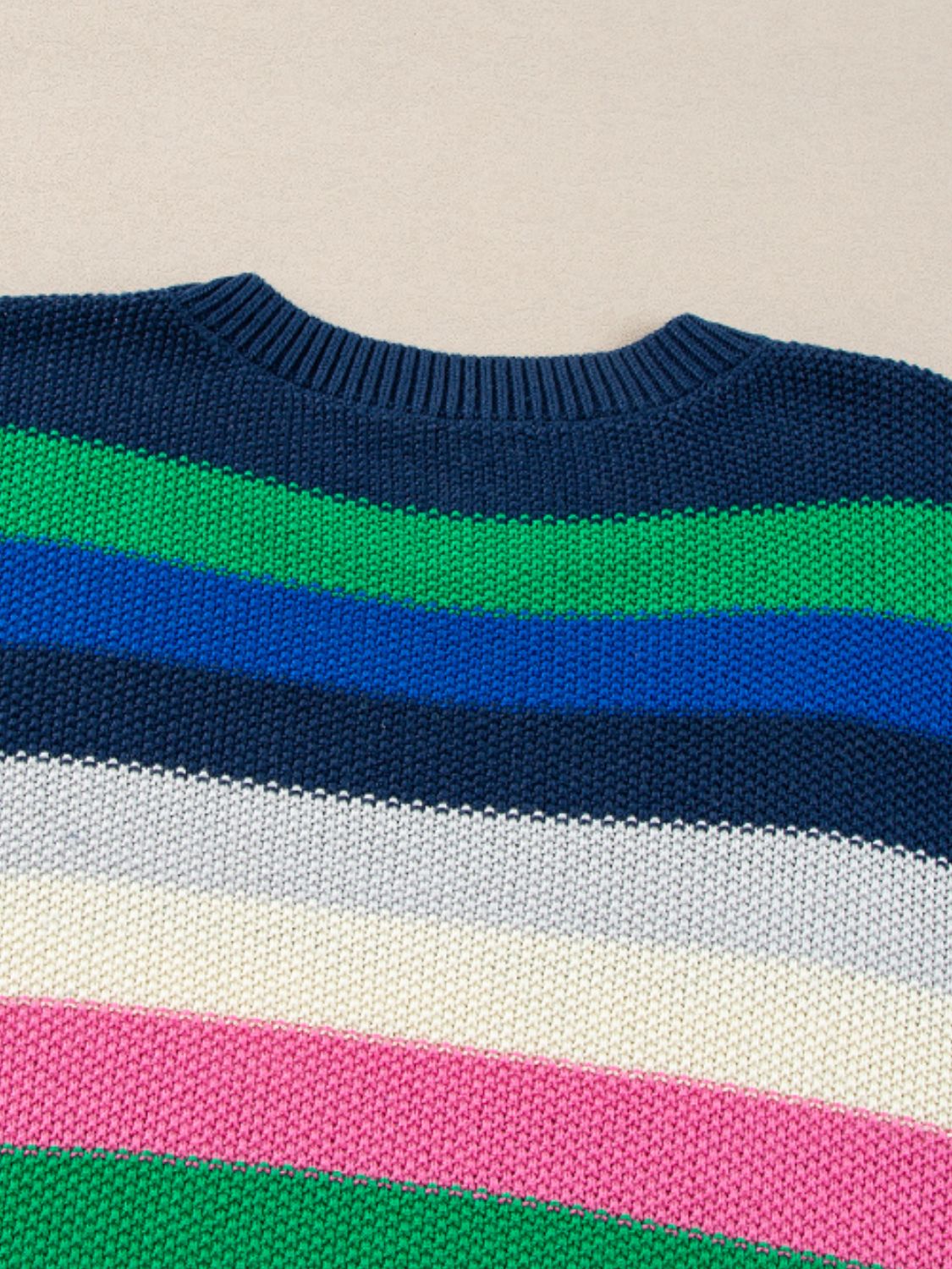 Contrast Striped Round Neck Long Sleeve Sweater - Charming Charlie