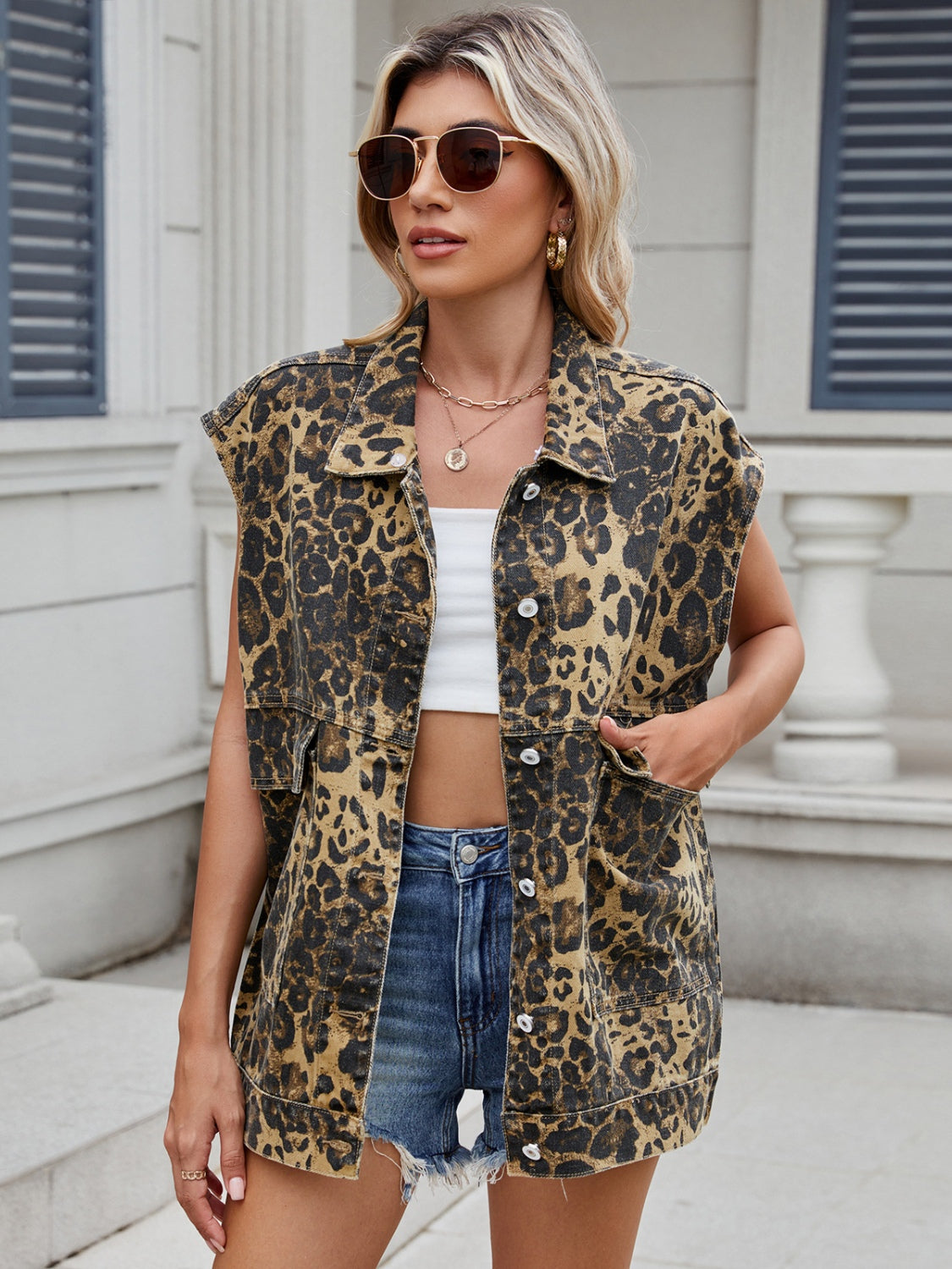 Leopard Buttton Up Denim Vest - Charming Charlie