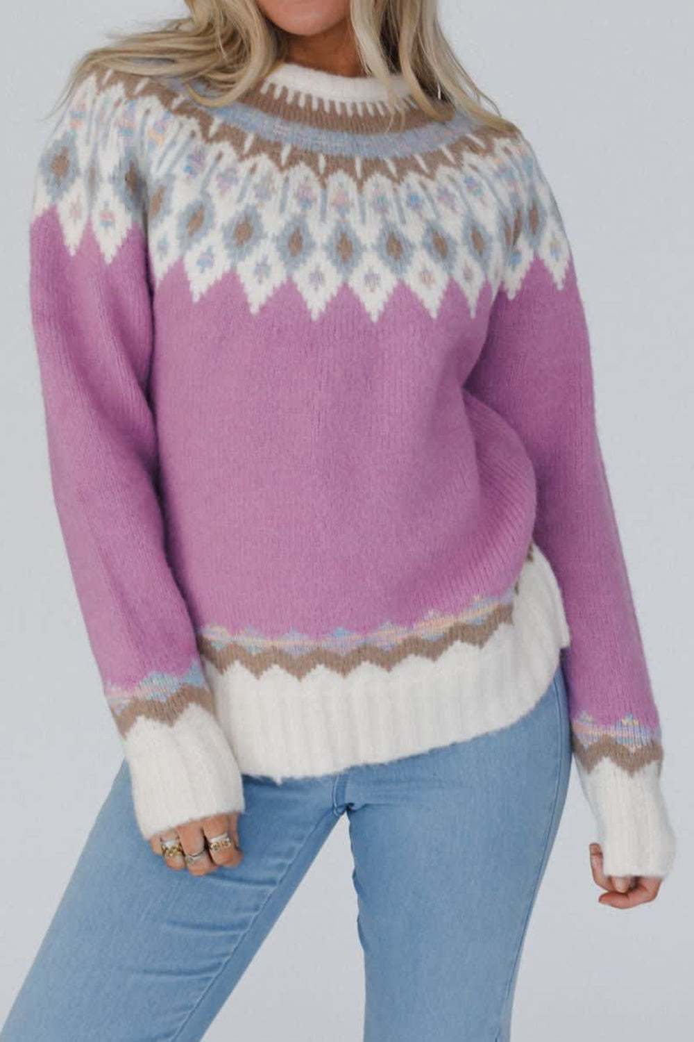 Geometric Round Neck Long Sleeve Sweater - Charming Charlie