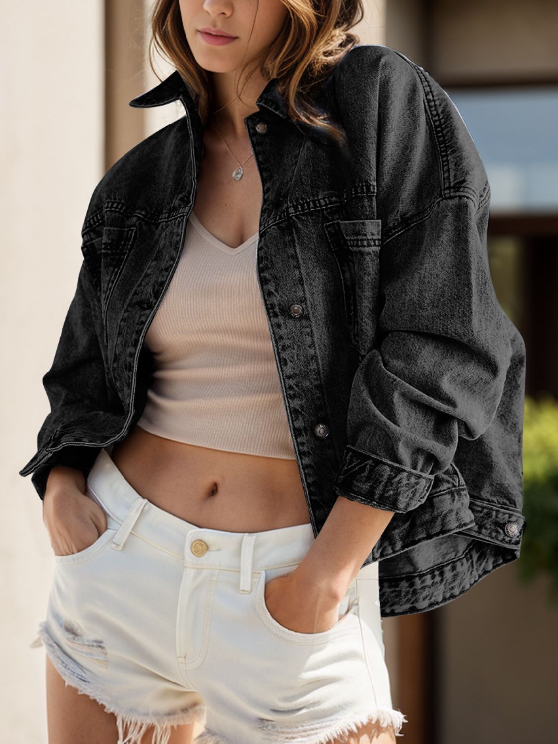 Pocketed Button Up Denim Jacket - Charming Charlie