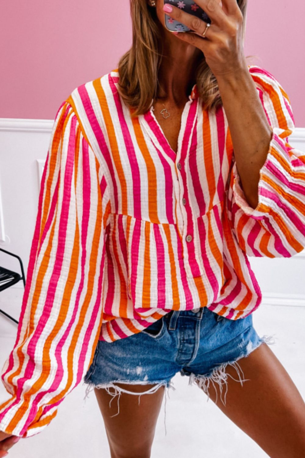 Striped Notched Flounce Sleeve Blouse - Charming Charlie