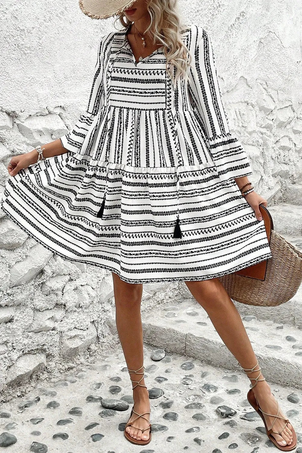 Printed Tie Neck Three-Quarter Sleeve Mini Dress - Charming Charlie