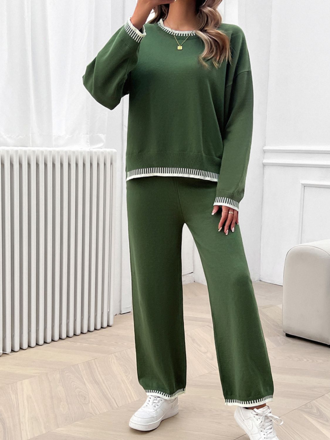 Round Neck Dropped Shoulder Top and Pants Sweater Set - Charming Charlie