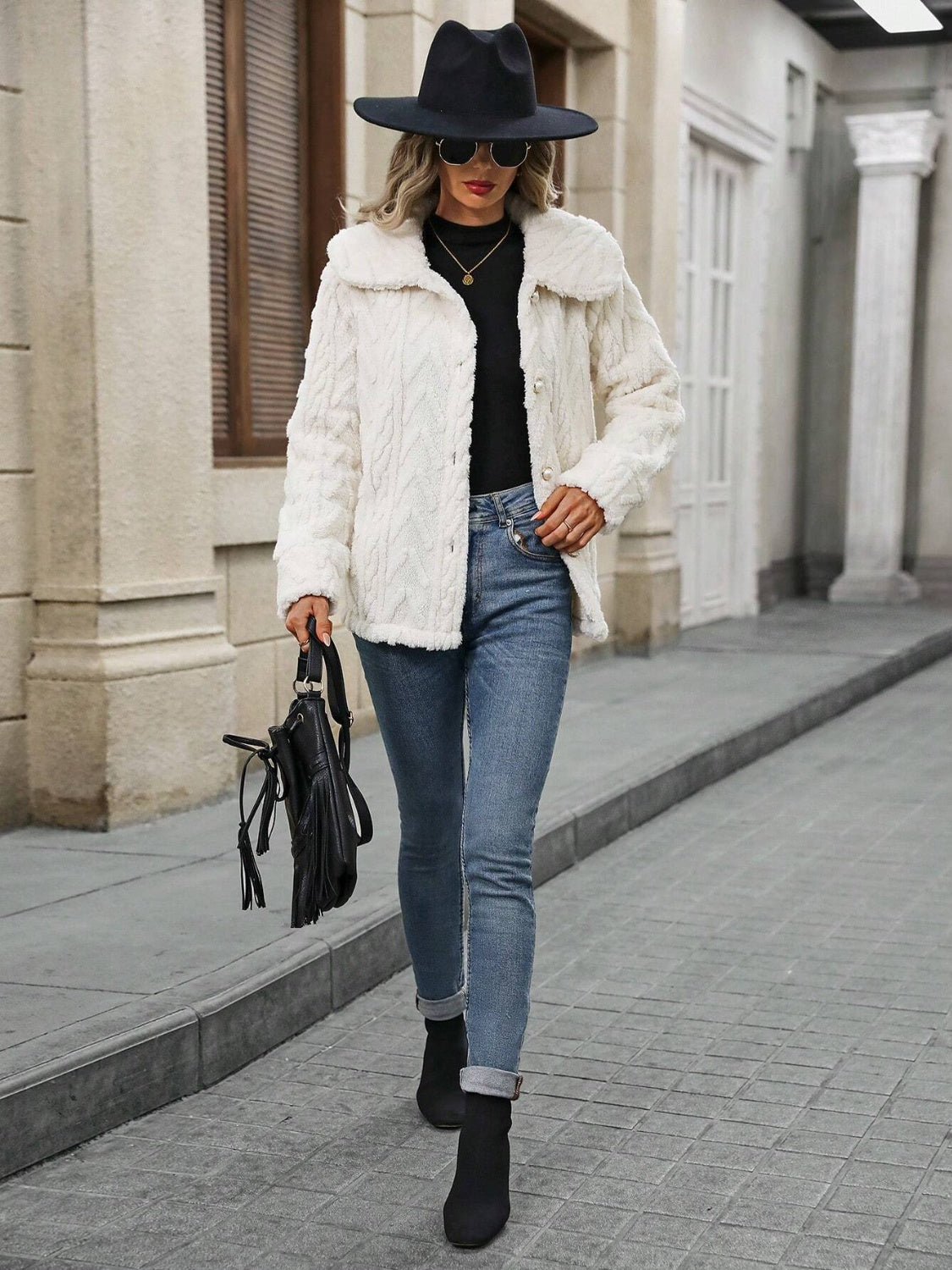 Fuzzy Texture Button Up Collared Neck Coat - Charming Charlie