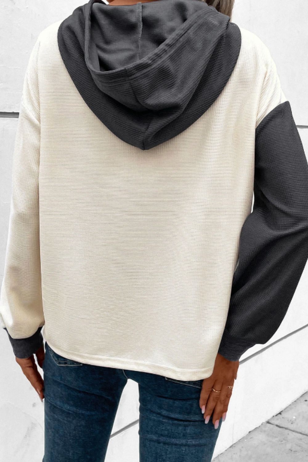 Waffle-Knit Two-Tone Long Sleeve Hoodie - Charming Charlie