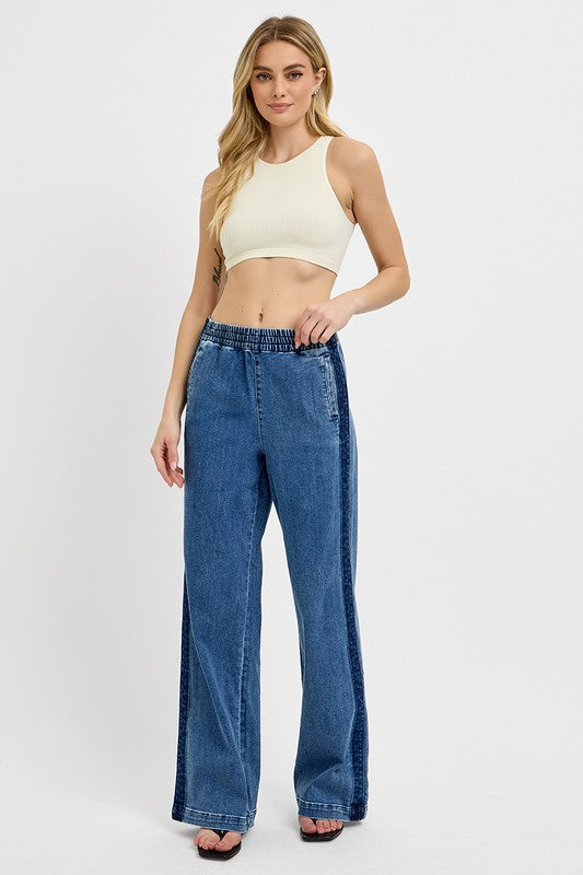 RISEN Full Size Elastic Waist Wide Leg Jeans Plus Size - Charming Charlie