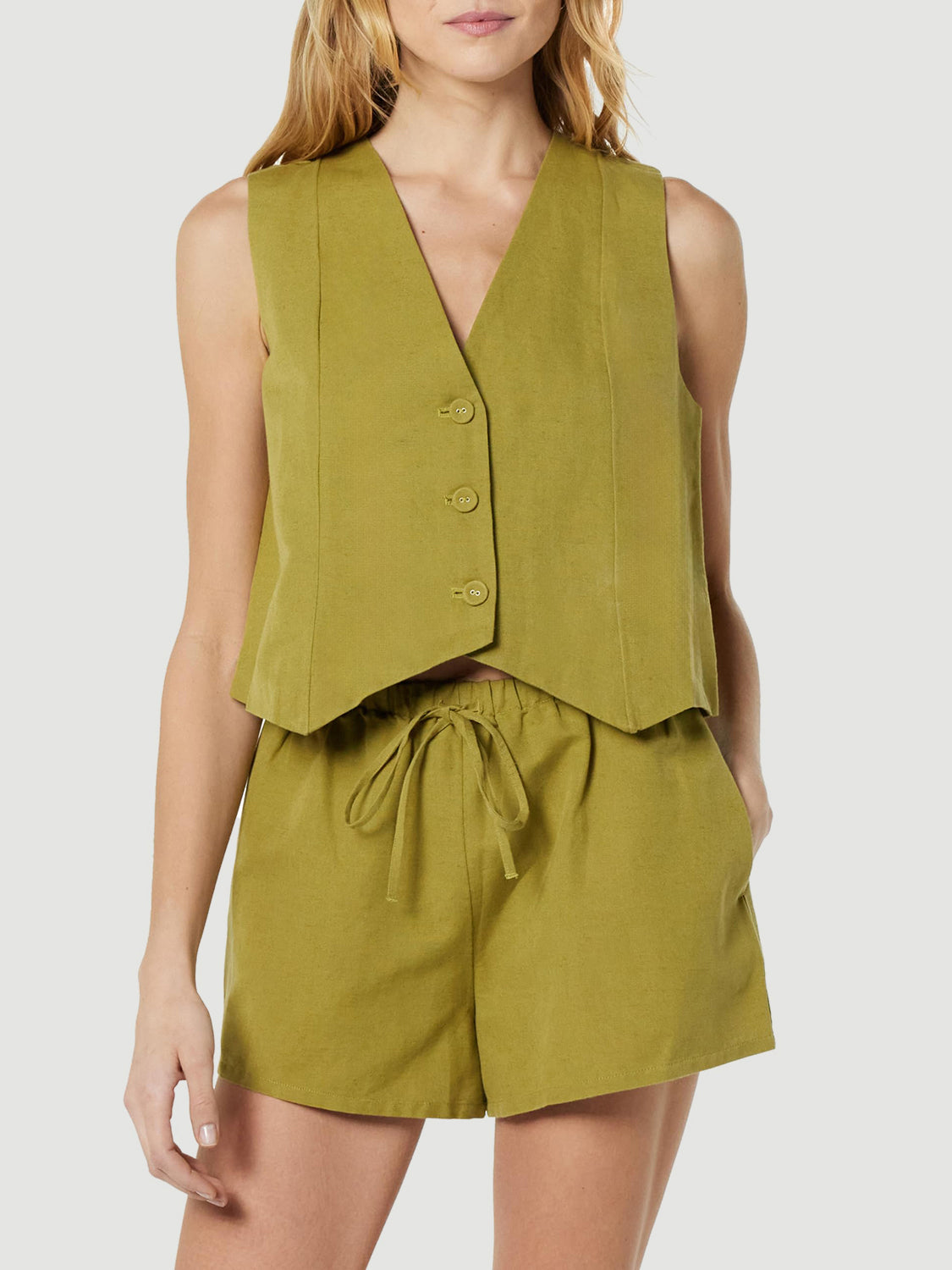 Button Up V-Neck Top and Pocketed Shorts Set - Charming Charlie